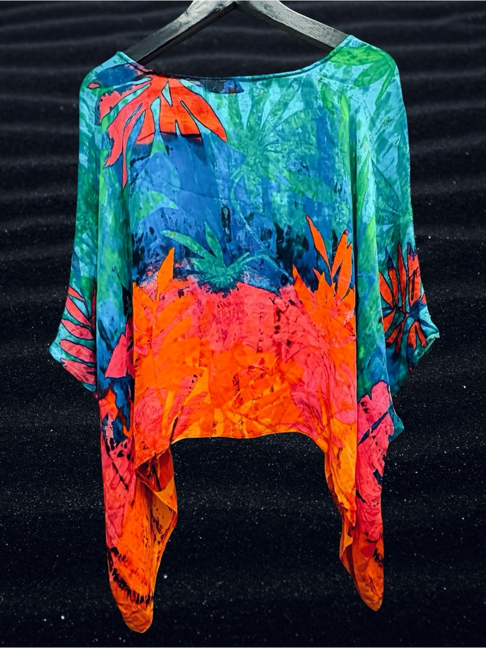 Chico’s 100% Silk Tropical Floral Poncho Top Sheer Boho Resort Wear M/L